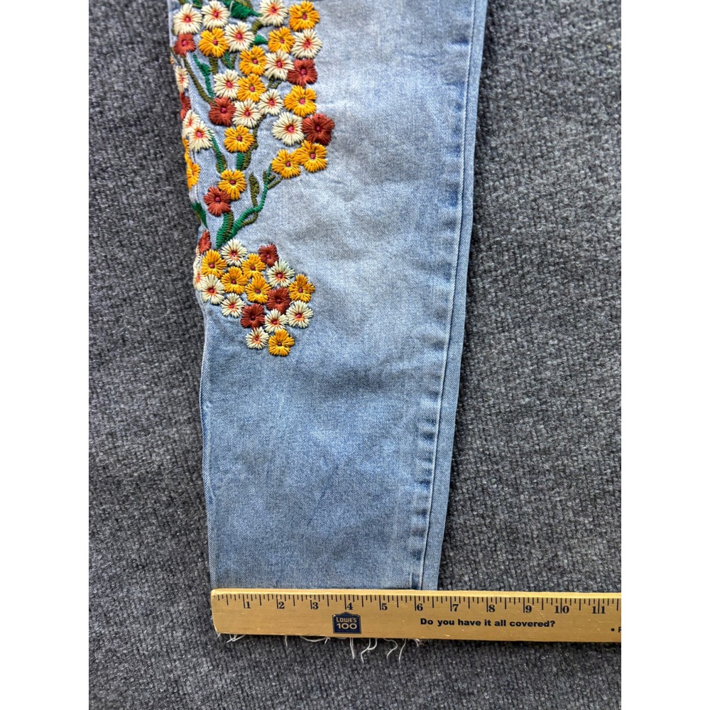 Free People Jeans Womens 27 Blue Floral Bird Embroidered Straight Leg Raw Hem - Picture 7 of 10